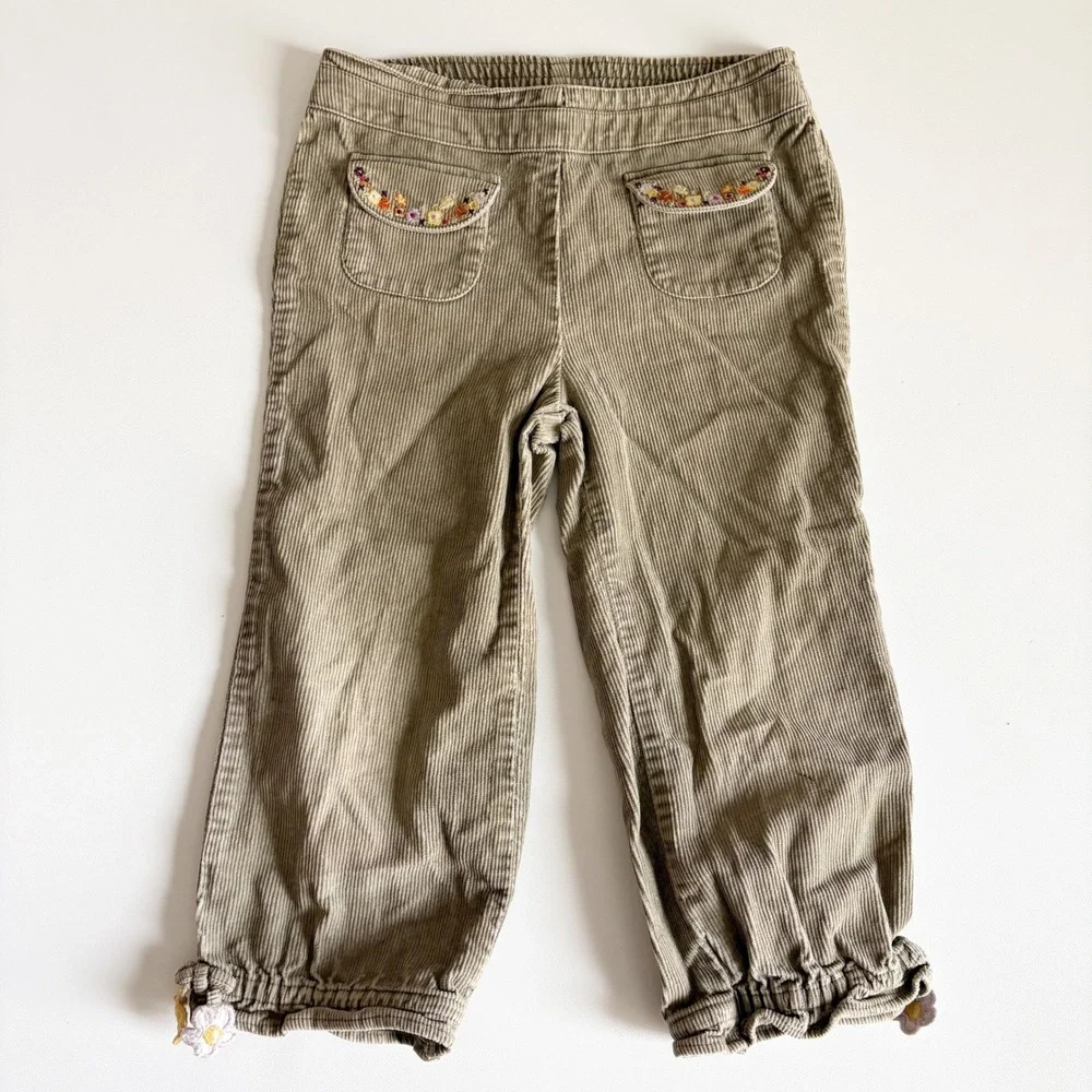 Gymboree Girls Y2K Vintage Olive Green Floral Embroidered Corduroy Pants Size 4T